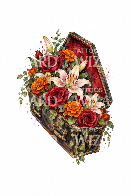 Tattoo van een kist vol bloemen
