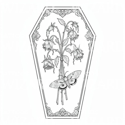 Design de Tatuagem de Caixão, Traça e Florais