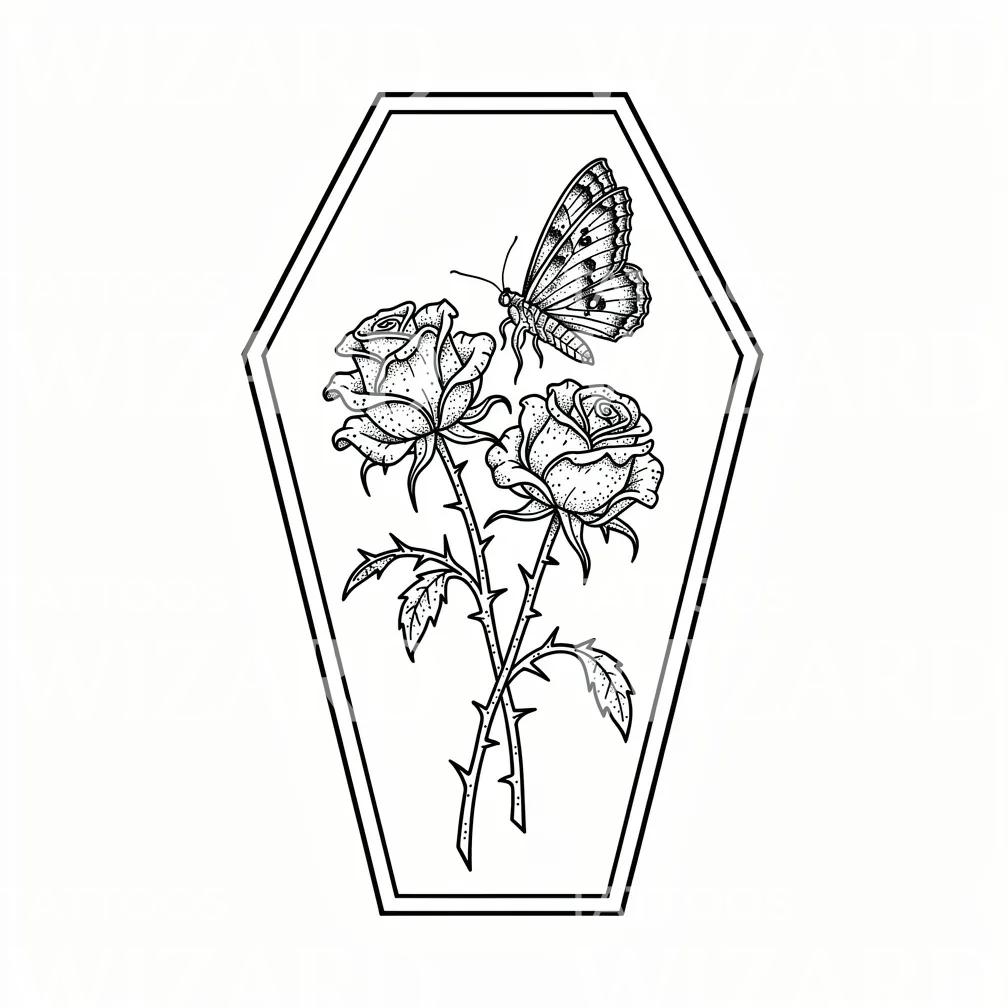 Coffin Rose Butterfly Tattoo Design