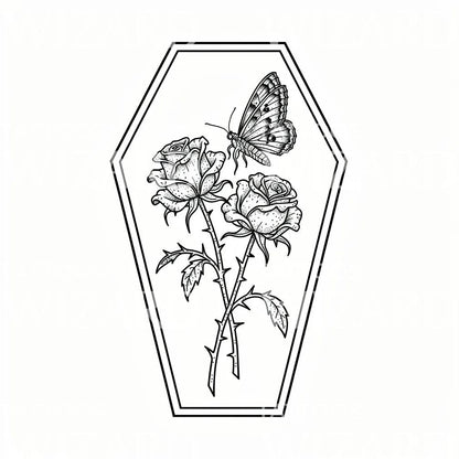 Coffin Rose Butterfly Tattoo Design
