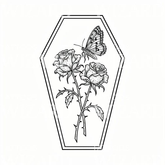 Coffin Rose Butterfly Tattoo Design