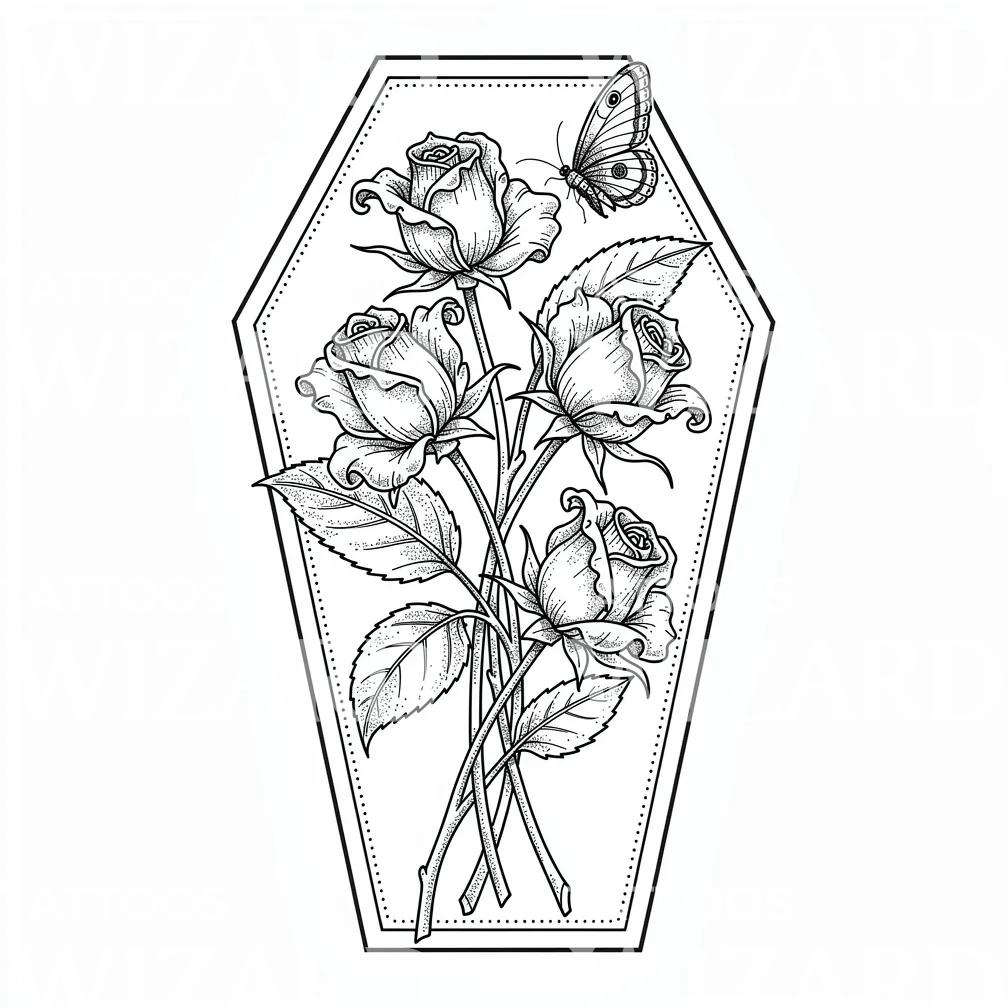 Coffin Roses Butterfly Tattoo Design