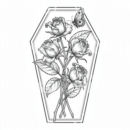 Coffin Roses Butterfly Tattoo Design