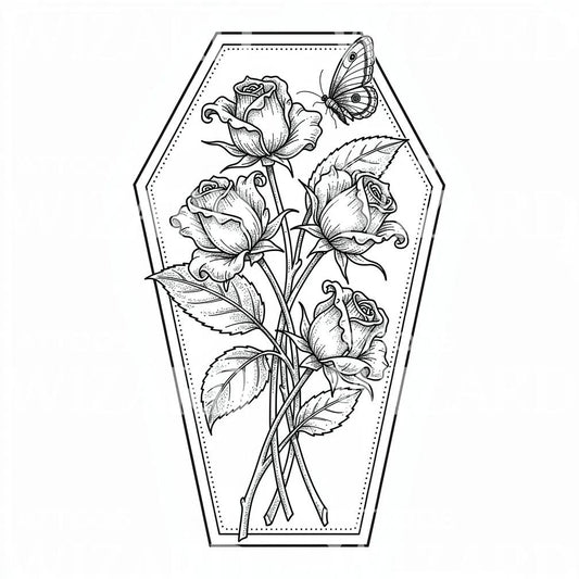Coffin Roses Butterfly Tattoo Design