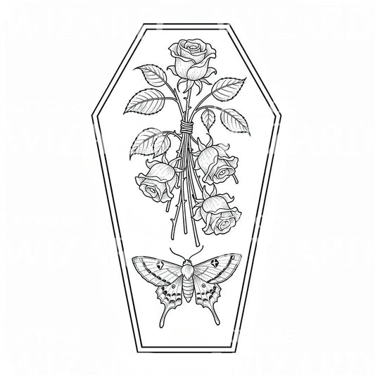 Diseño de tatuaje de ataúd, rosas y mariposa