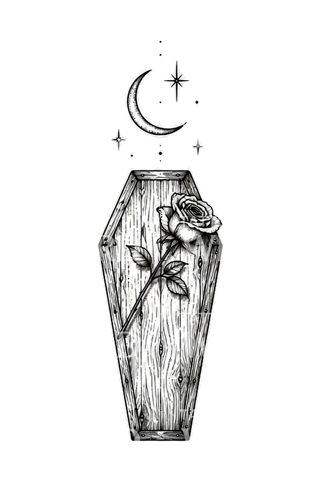 Coffin with Moon and Rose Fine Line Tattoo