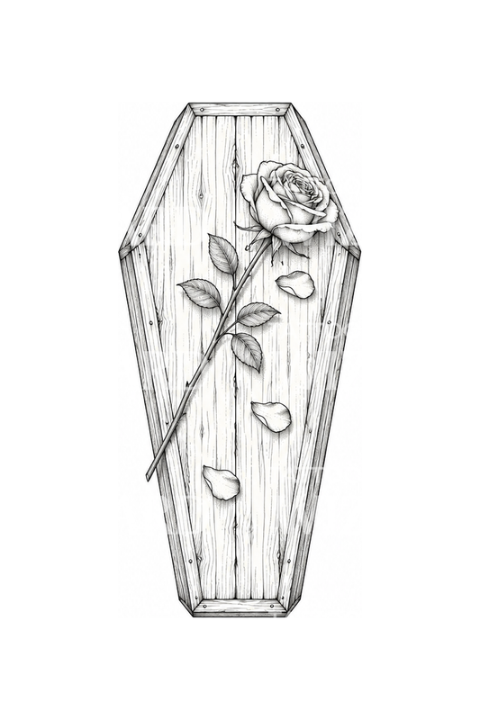 Coffin with Single Rose Fine Line Tattoo