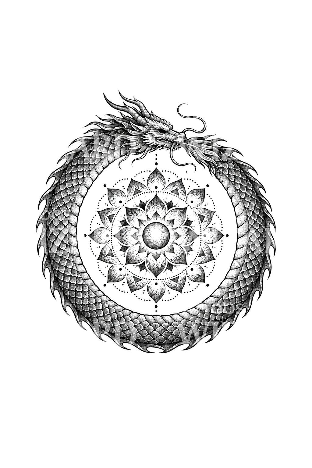 Összetekeredő sárkány mandala tetoválás