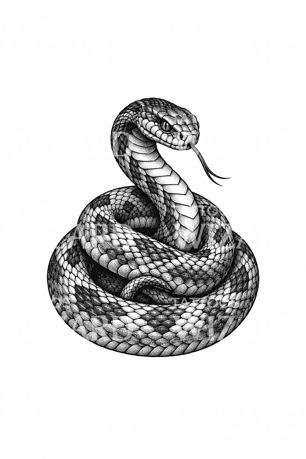 Támadásra kész feltekeredett kígyó, dotwork tetoválás