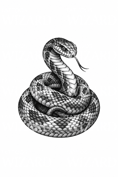 Támadásra kész feltekeredett kígyó, dotwork tetoválás