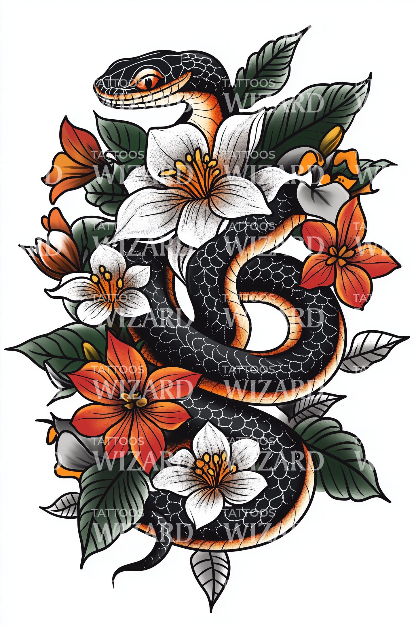Coiled Snake and Jasmine Tattoo Design