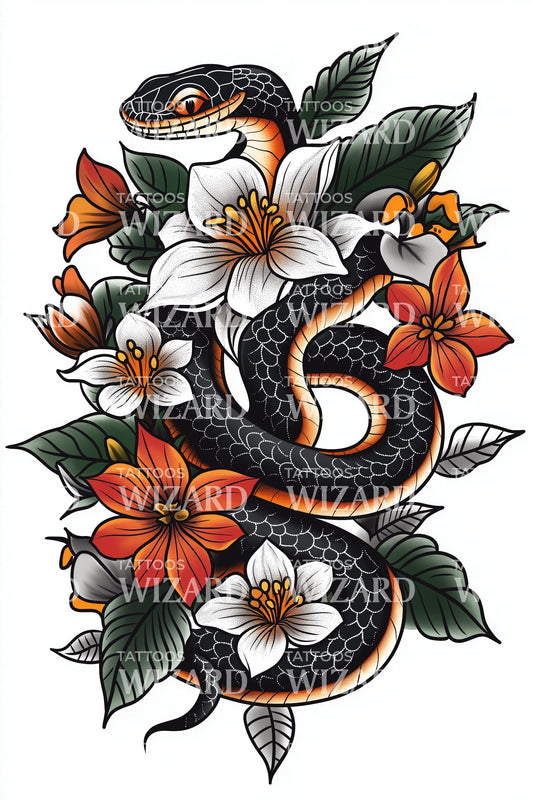 Coiled Snake and Jasmine Tattoo Design