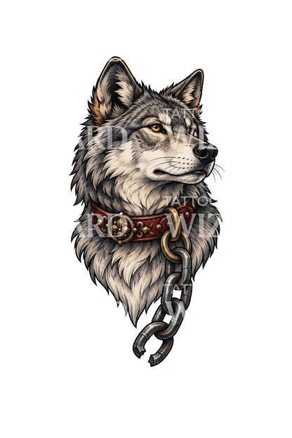 Motif de tatouage loup au collier et chaîne brisée