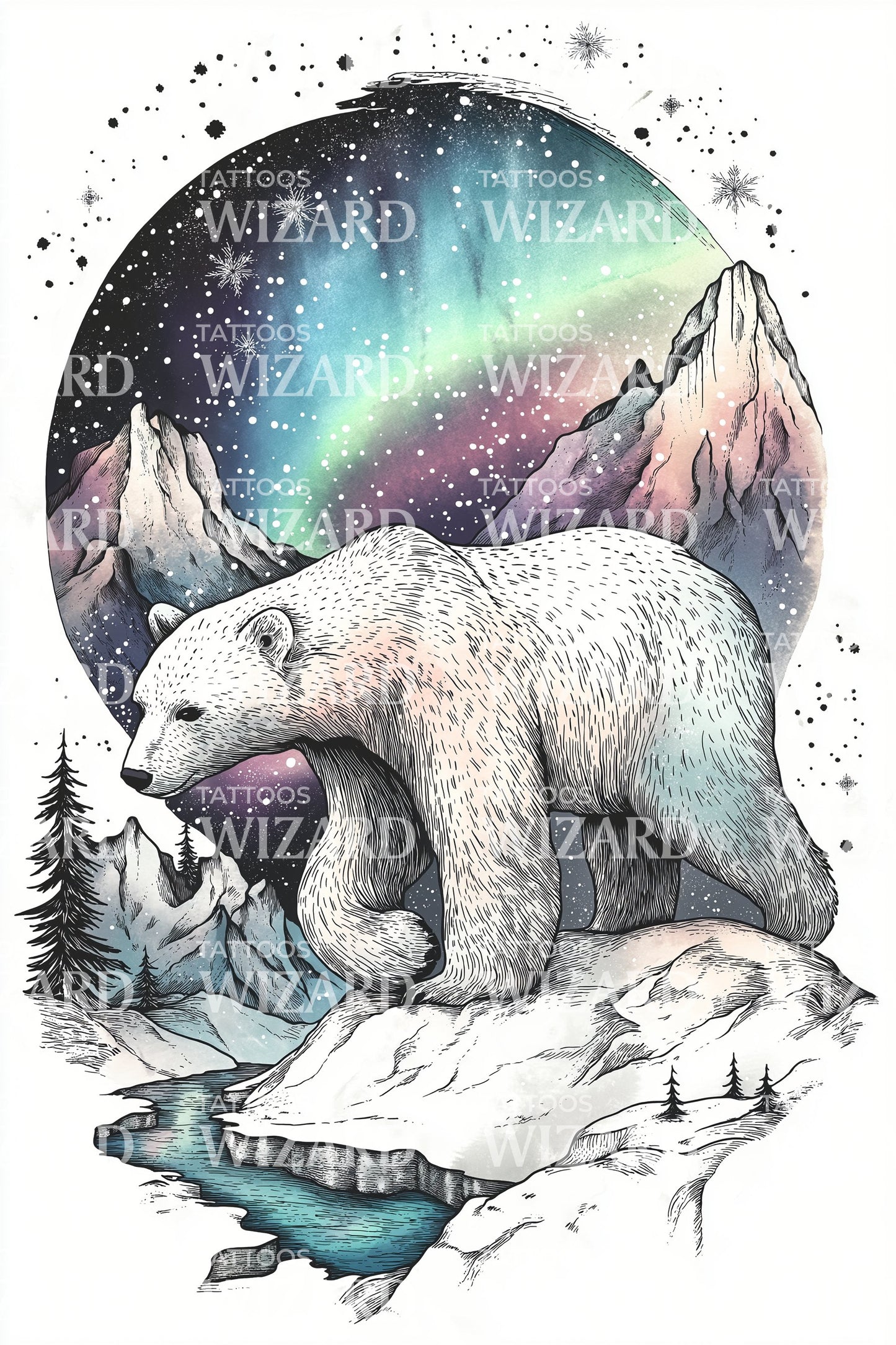 Colorful Aurora Mountain Bear Tattoo Design