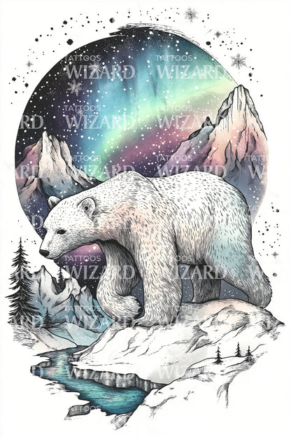 Colorful Aurora Mountain Bear Tattoo Design