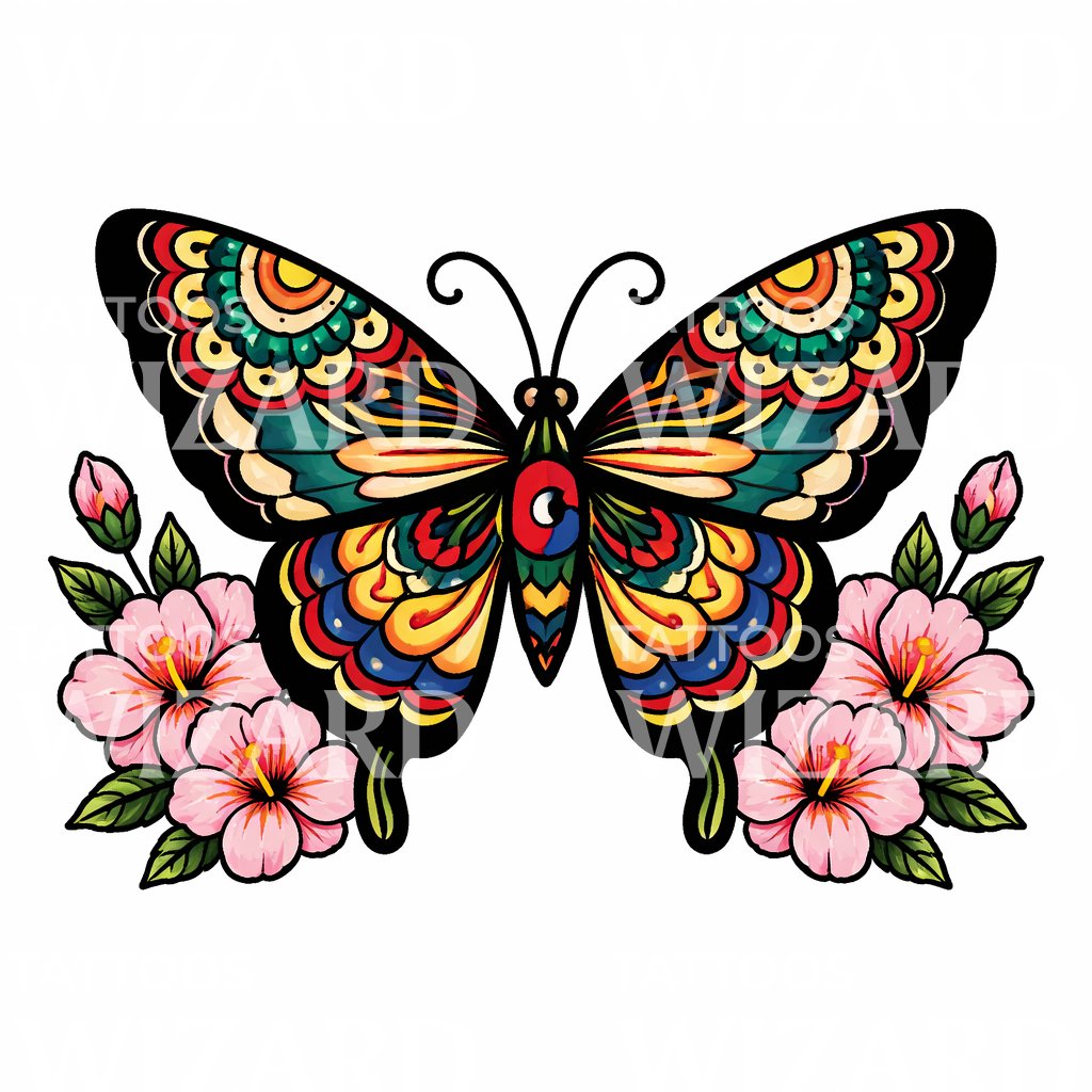 Colorful Butterfly Floral Tattoo Design