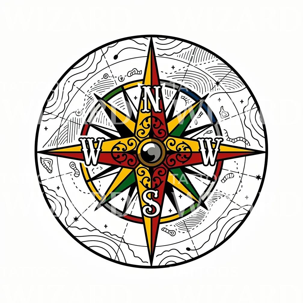 Colorful Compass Rose Tattoo Design