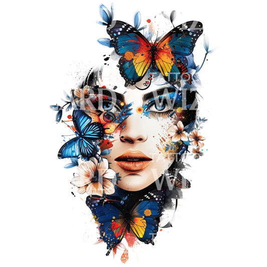 Colorful Woman Portrait with Butterflies Tattoo Design