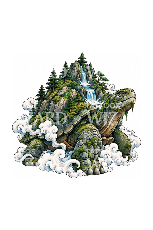 Kolossal mosbeklædt kaiju-skildpadde, tatoveringsdesign