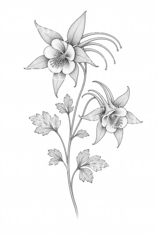 Desain tato fine line bunga columbine