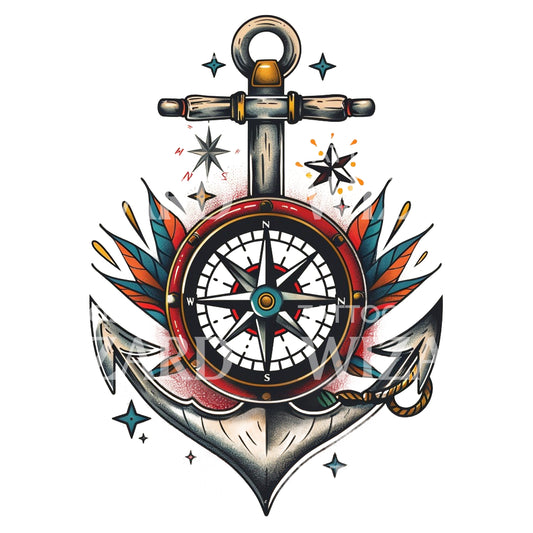 Compass and Anchor Old School Tattoo Design