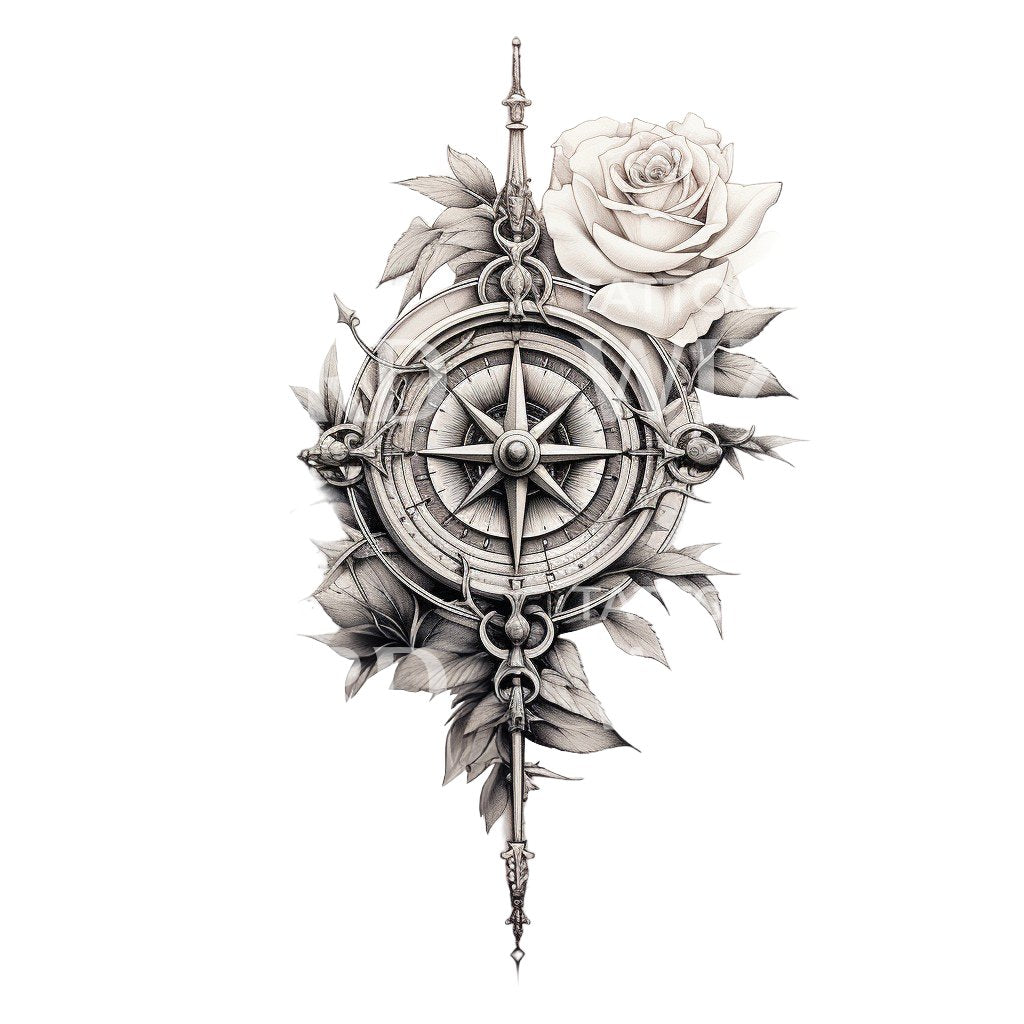 Compass & Rose Flower Tattoo Idea – Tattoos Wizard Designs