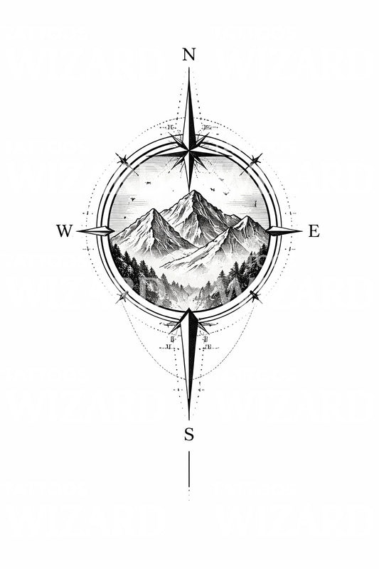 Compass Mountain Tattoo Design