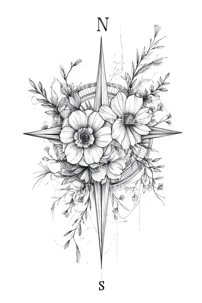 Compass Rose Flower Tattoo Design