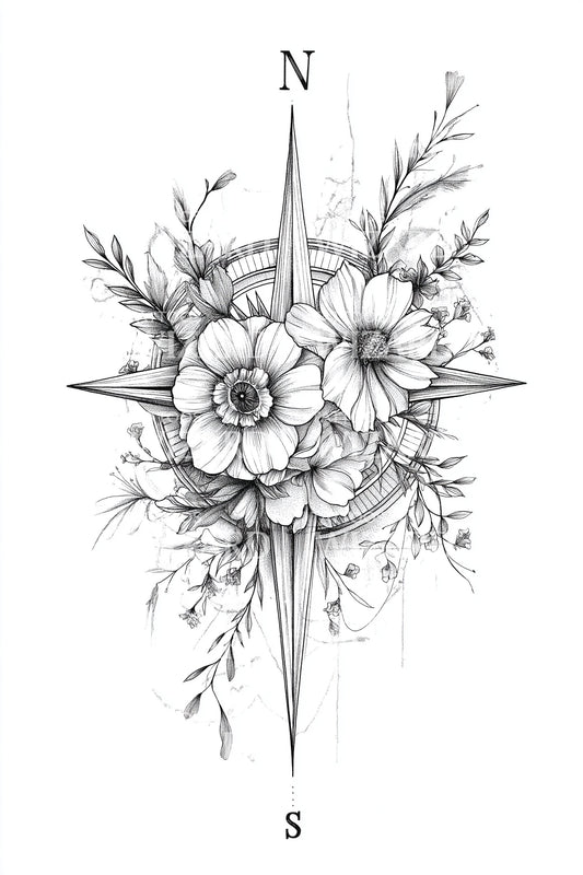 Compass Rose Flower Tattoo Design