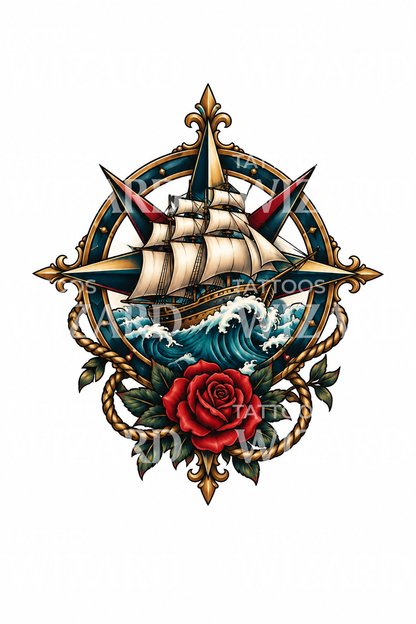 Compass Rose Galleon and Rose Tattoo Design