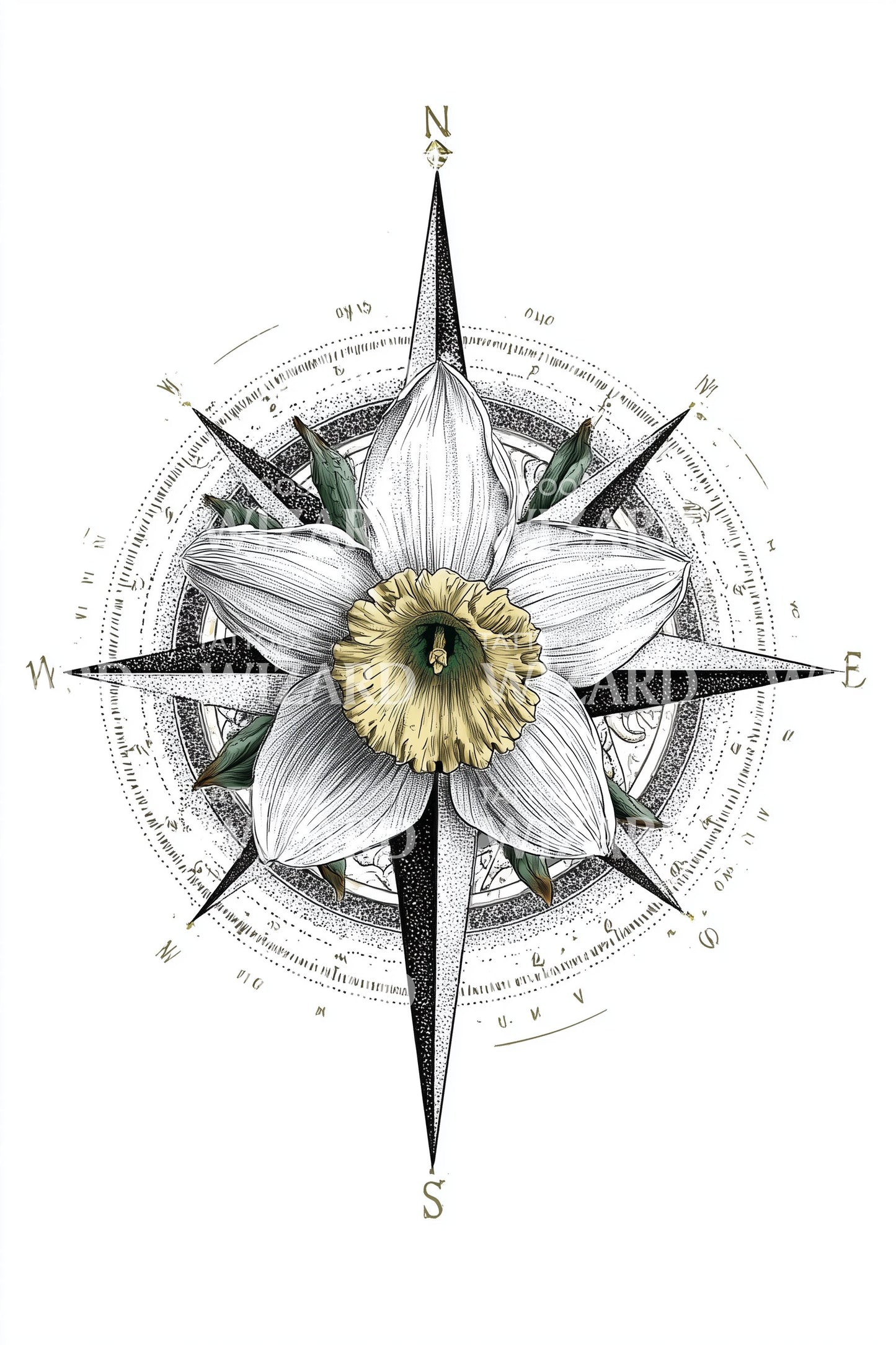 Compass Rose Magnolia Tattoo Design