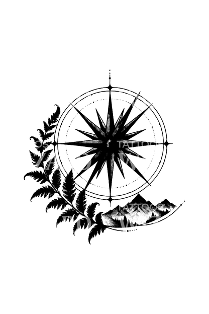 Fine line-tatoveringsidé med kompass, bregne og fjell