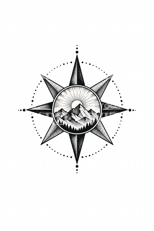 Dotwork-tatovering med kompasrose og bjergkæde