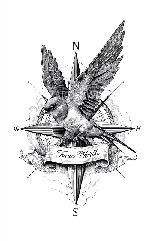 指南针麻雀方向纹身设计