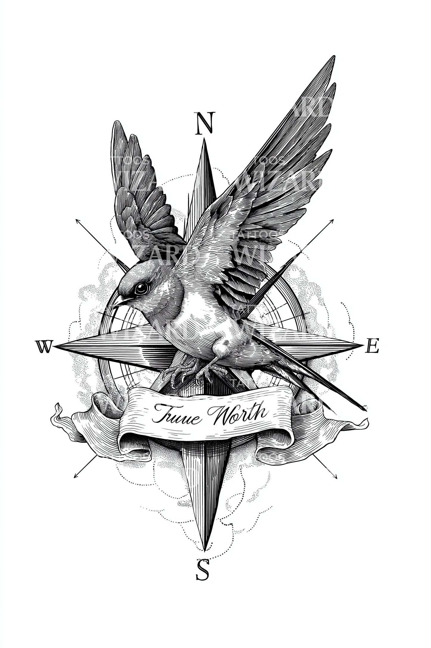 Kompass Sparv Riktning Tatuering Design