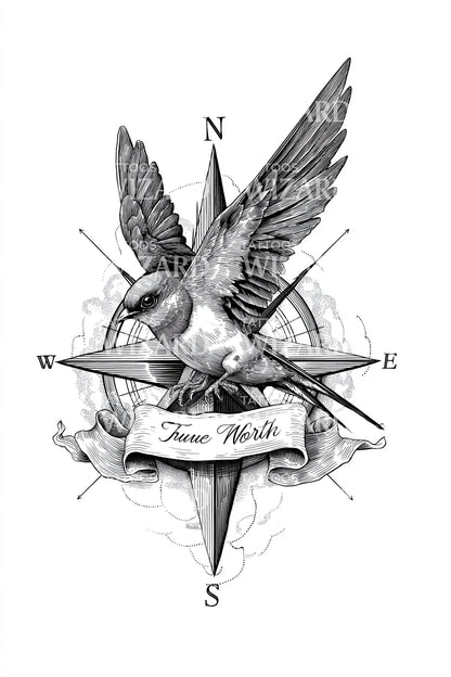 Compass Sparrow Direction Tattoo Design