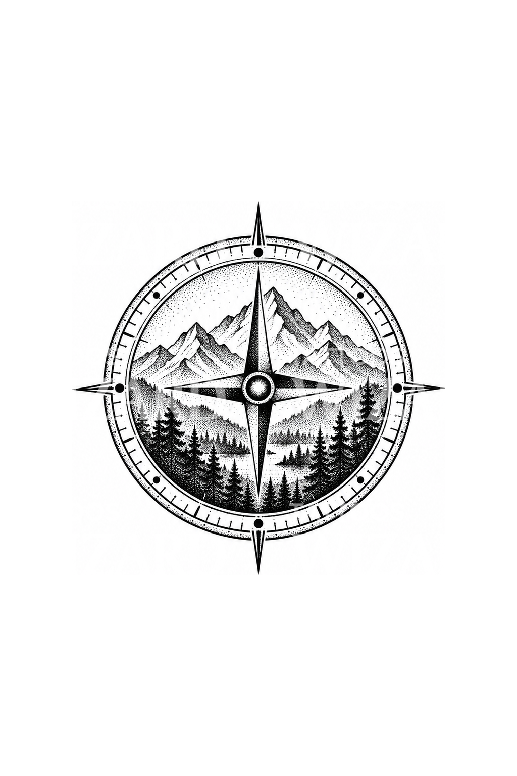 Stipple-tattoo-idee met kompas en bergbos