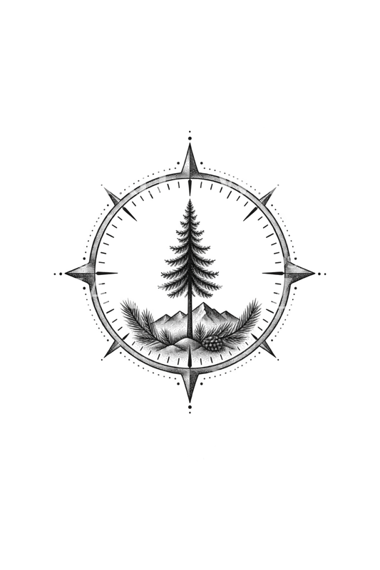 Kompassi ja männynneulanen -tatuointidesign