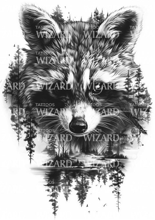 Complex Raccoon with Nature Tattoo Design