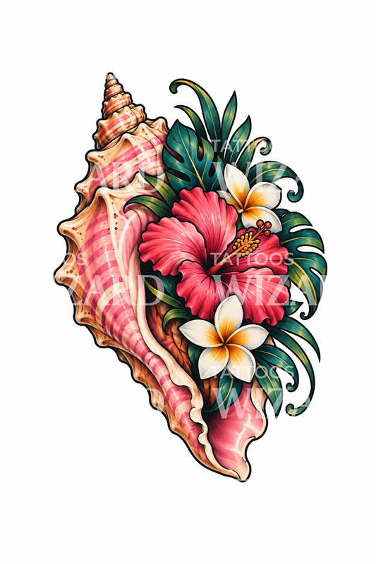 Tatoveringsillustrasjon av konkylie med hibiskusbukett