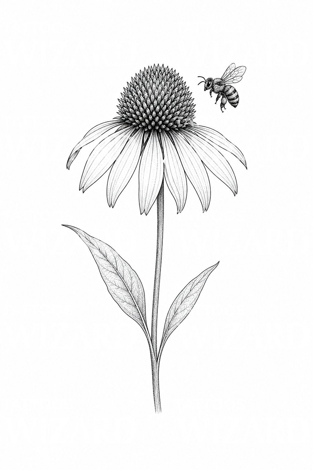 Coneflower and Bee Tattoo Illustration