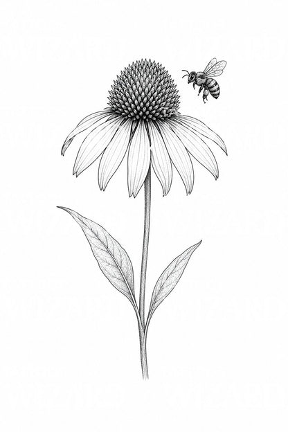 Coneflower and Bee Tattoo Illustration