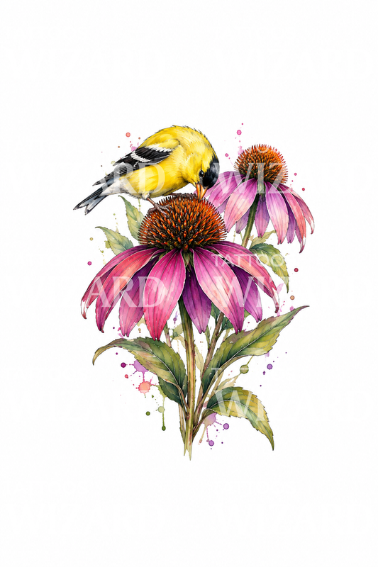 Coneflower and Goldfinch Watercolor Tattoo Design