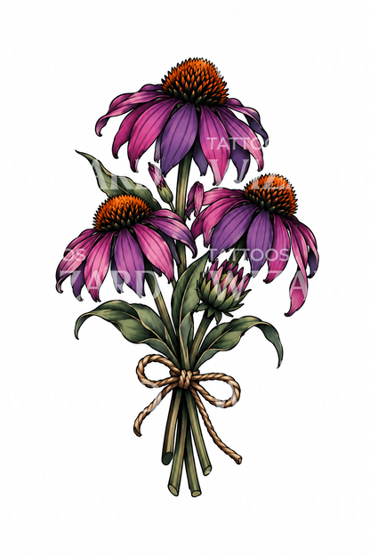 Coneflower Bouquet with Twine Tattoo Design