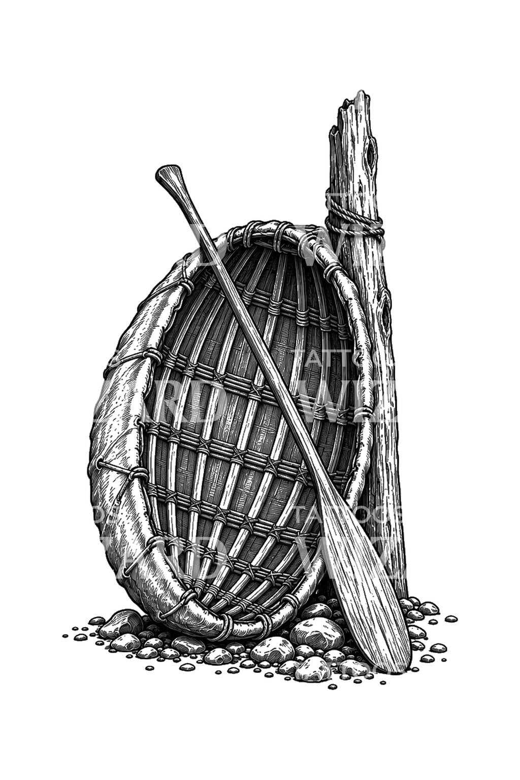 Coracle and Paddle on Shingle Tattoo Design