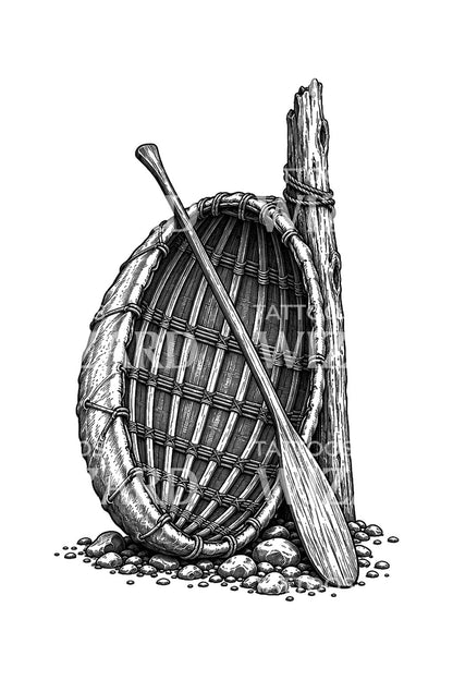 Coracle and Paddle on Shingle Tattoo Design