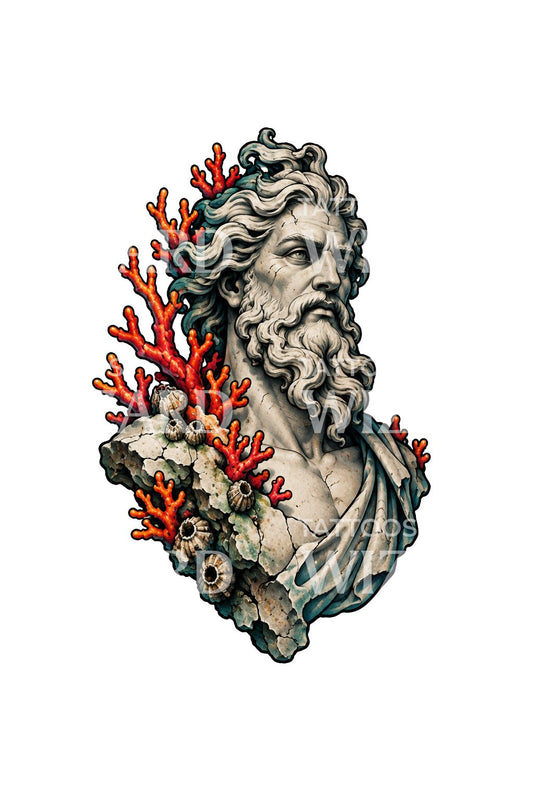 Design per tatuaggio del busto di un dio del mare corallino
