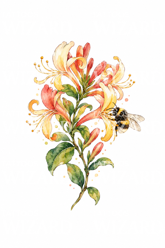 Coral Honeysuckle with Bumblebee Tattoo Design