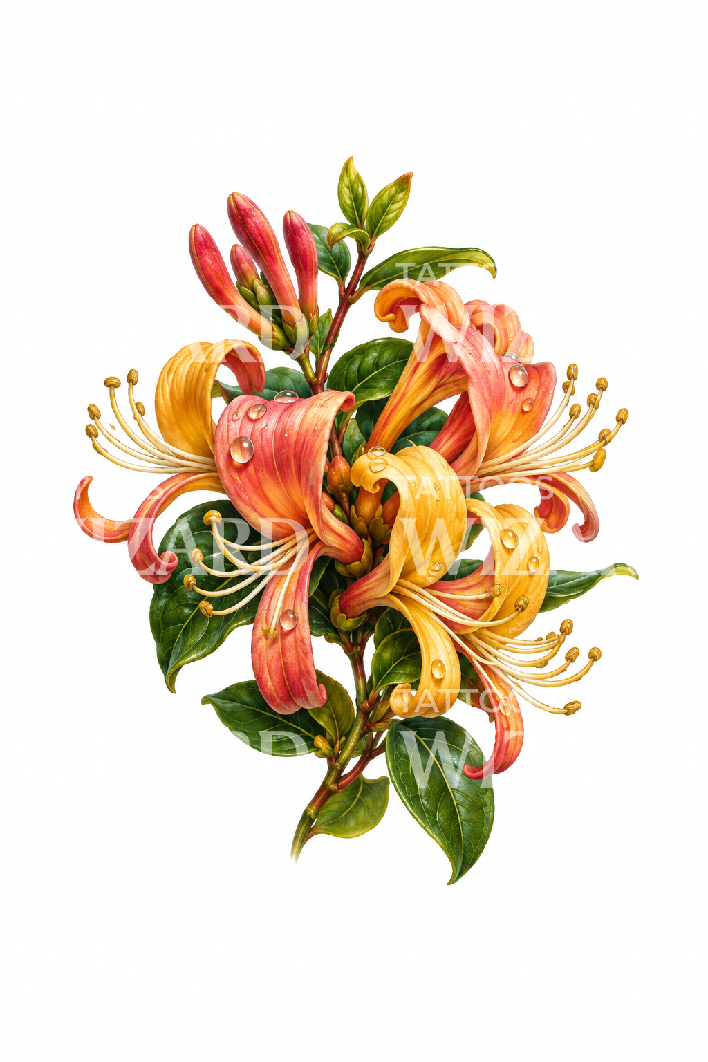 Desenho de tatuagem de madressilva coral com orvalho