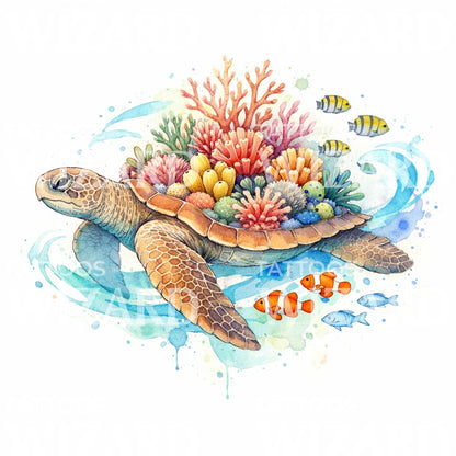 Coral Reef Turtle Tattoo Illustration